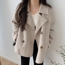 新款秋冬装保暖西装领双排扣宽松风休闲短款长袖毛呢外套女小个子