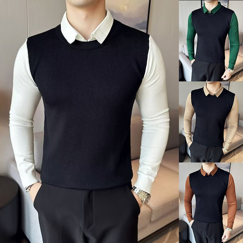 Men's Faux Two-Piece Sweater Spring Autumn Winter Casual Shirt Collar Vest Knitted Base Shirt Trendy Collared Autumn Top