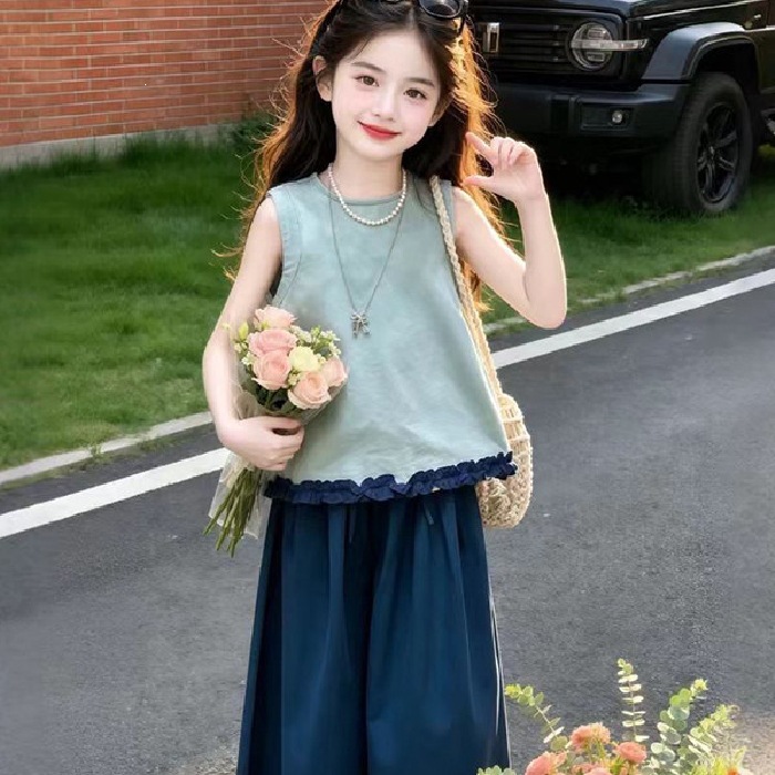 Girls' Summer Lace Sleeveless Set 2026 New Style, Thin and Loose Wide-Leg Pants, Stylish Two-Piece Set for Medium and Large Children