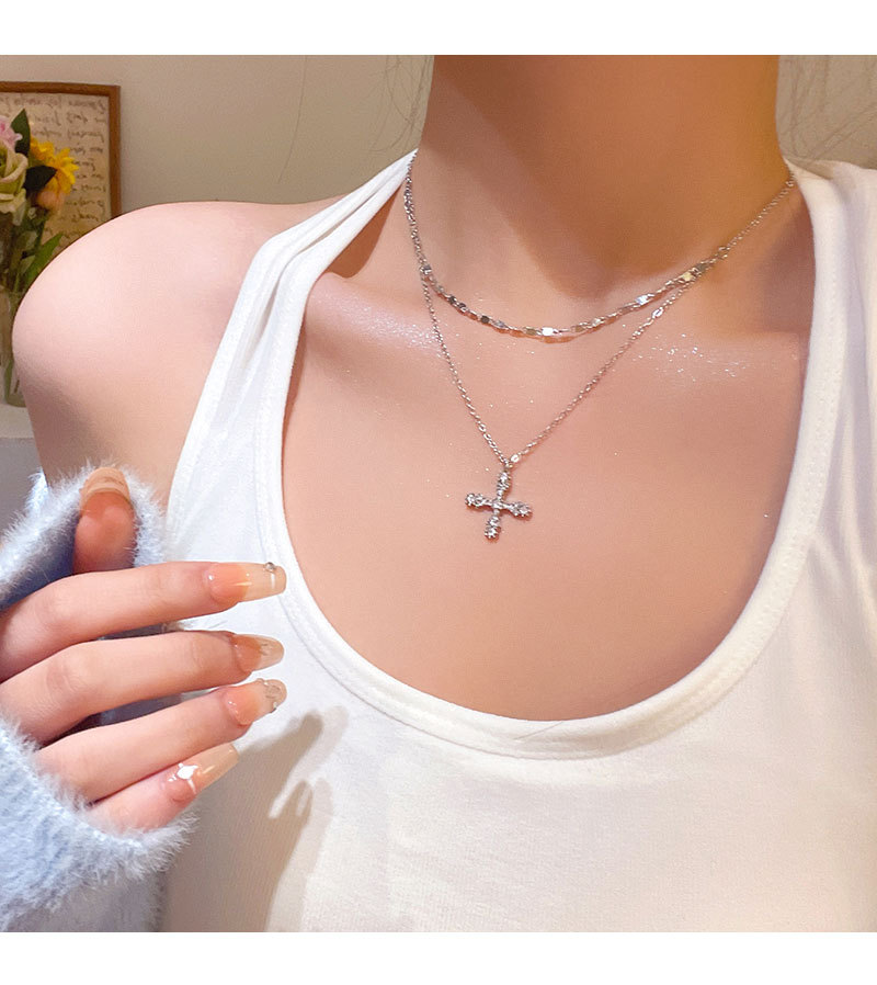 rhinestone cross double-layer necklace for women light luxury minority design hot girl clavicle chain trendy cool personality new ornament undefined