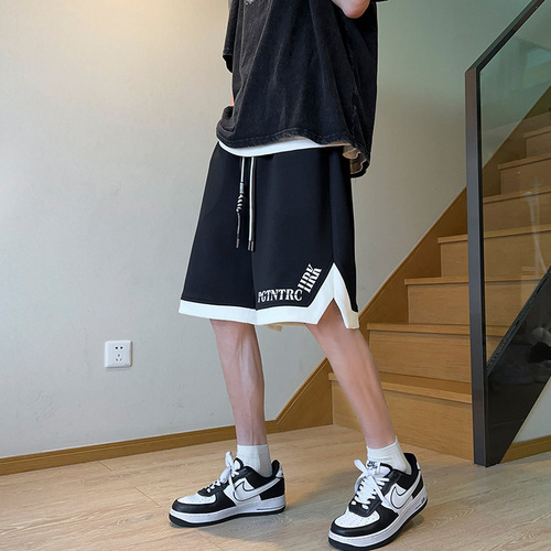 Blue-and-white designer sports five-pocket shorts for men—summer, American-style, plus-size, casual, loose-fit, straight-leg, and wide-leg pants