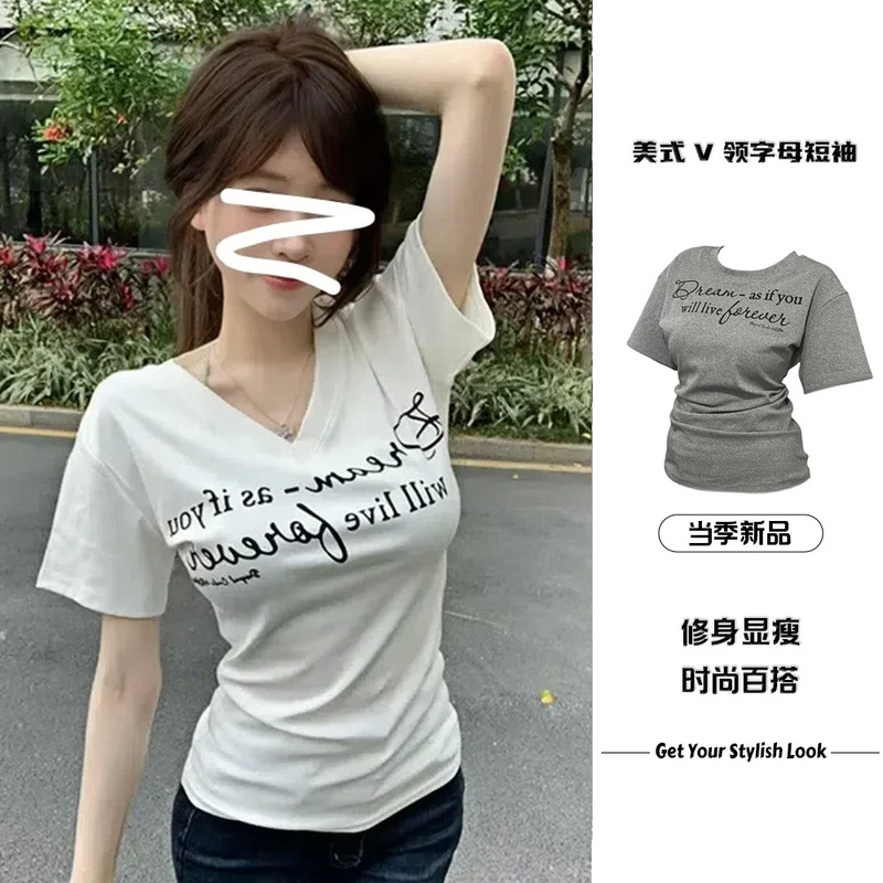 Slightly Chubby mm Design Letter Short-Sleeved T-Shirt for Women Summer 2025 New Slimming Look and Flesh-Covering Sexy V Neck Slim Top
