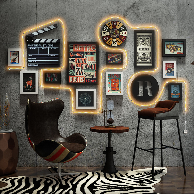 High Polymer 0023 Industrial Style Luminous Decorative Picture Frame Led Light Strip Photo Wall Combination Picture Frame Wall Clock Wall Sticker