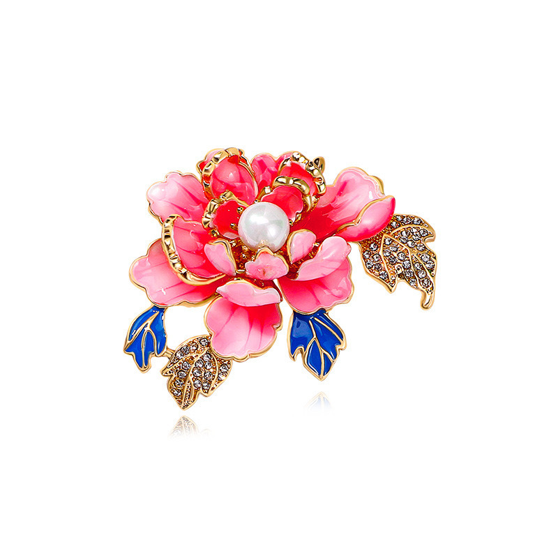 Enamel Peony Flower Brooch High-end High-end Women's Chinese Style Freshwater Pearl Exquisite National Tide Classical Corsage Accessories