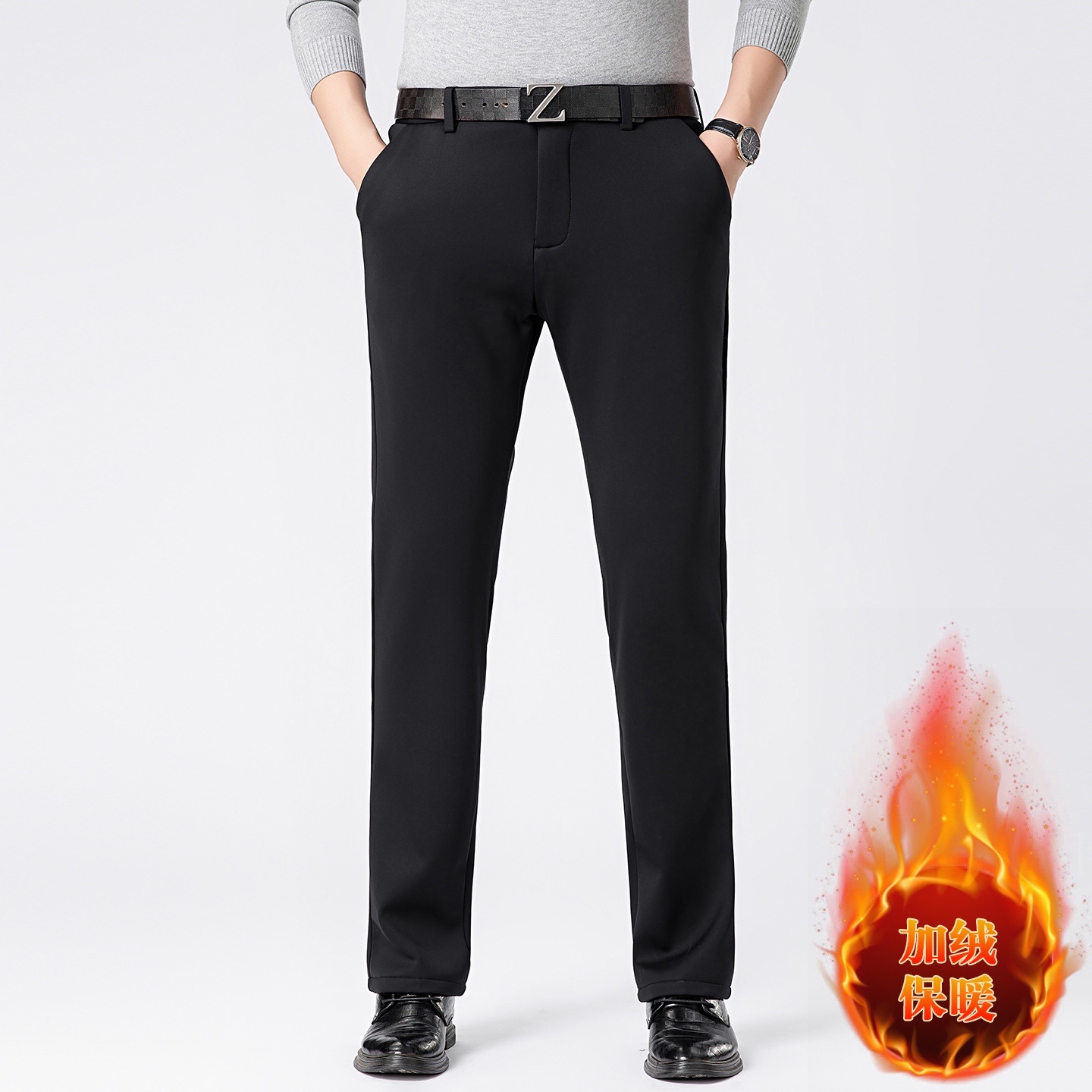 Brand Exclusive Autumn and Winter Fleece-Lined Thickened Casual Pants for Young and Middle-Aged Men, Wrinkle-Free Business Straight-Leg Trousers, Warm