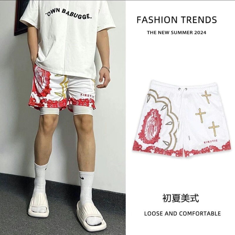 Cross-Shaped Basketball Shorts American Style Knee-Length Fitness Training Shorts Men's Retro Quick-Dry Sports Pants Summer