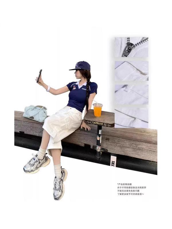 美式复古白色阔腿多口袋工装牛仔裤女夏季新款高腰宽松直筒七分裤|undefined