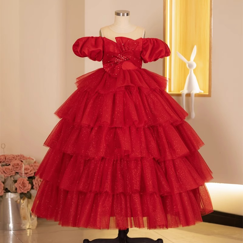 Girl's Dress 2024 New Style Flower Girl Wedding One-Shoulder Puffed Princess Dress Red Host Piano Performance Costume