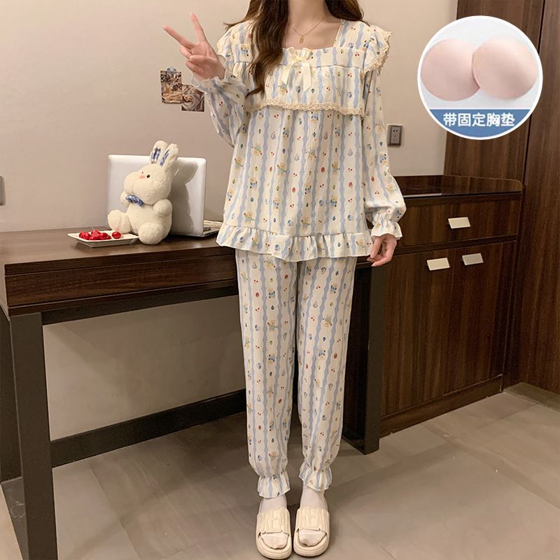 Al por mayor transfronterizo primavera y otoño nuevo pijama de mujer cinturón de pecho tejido nubes algodón manga larga dulce princesa ropa de estilo casero cubierta