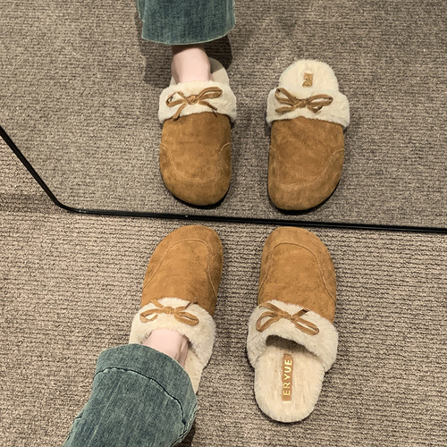 Pushing on the head, fluffy half-slippers, women's autumn and winter, plus velvet, new retro warm cotton slippers
