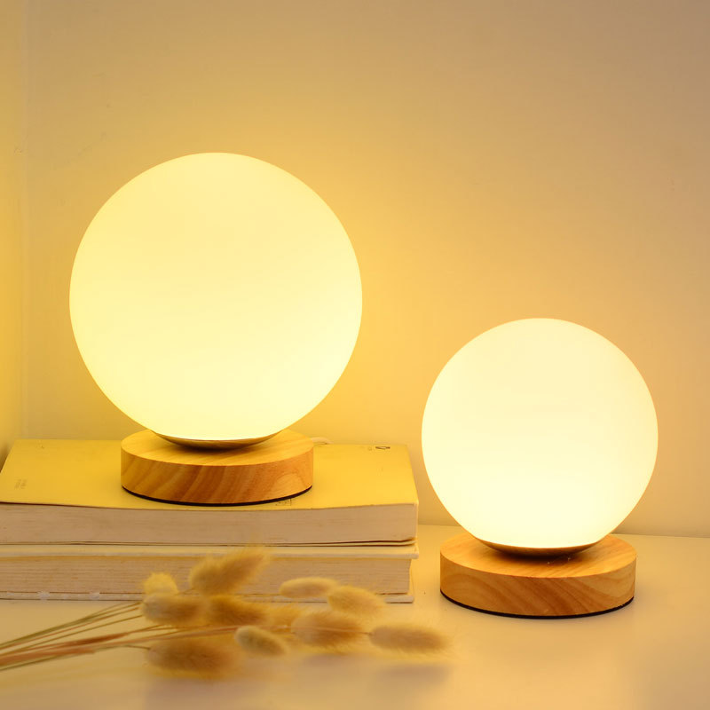 Creative Bedside Table Lamp with Wooden and Glass Design, Remote Control Dimmable Warm Dormitory Sleep Night Lamp