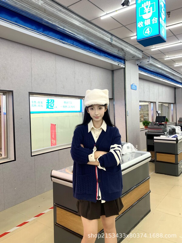 25早秋新款TB撞色针织开衫宽松学院风毛衣V领小众高级感外套|undefined
