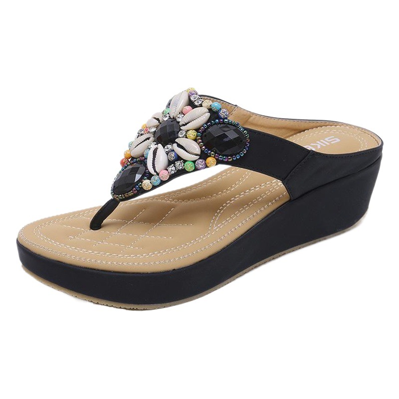 Nuevas sandalias de estilo étnico 2025 para viajes a Tailandia, playa, sandalias bohemias con cuentas retro de tacón de cuña, talla grande