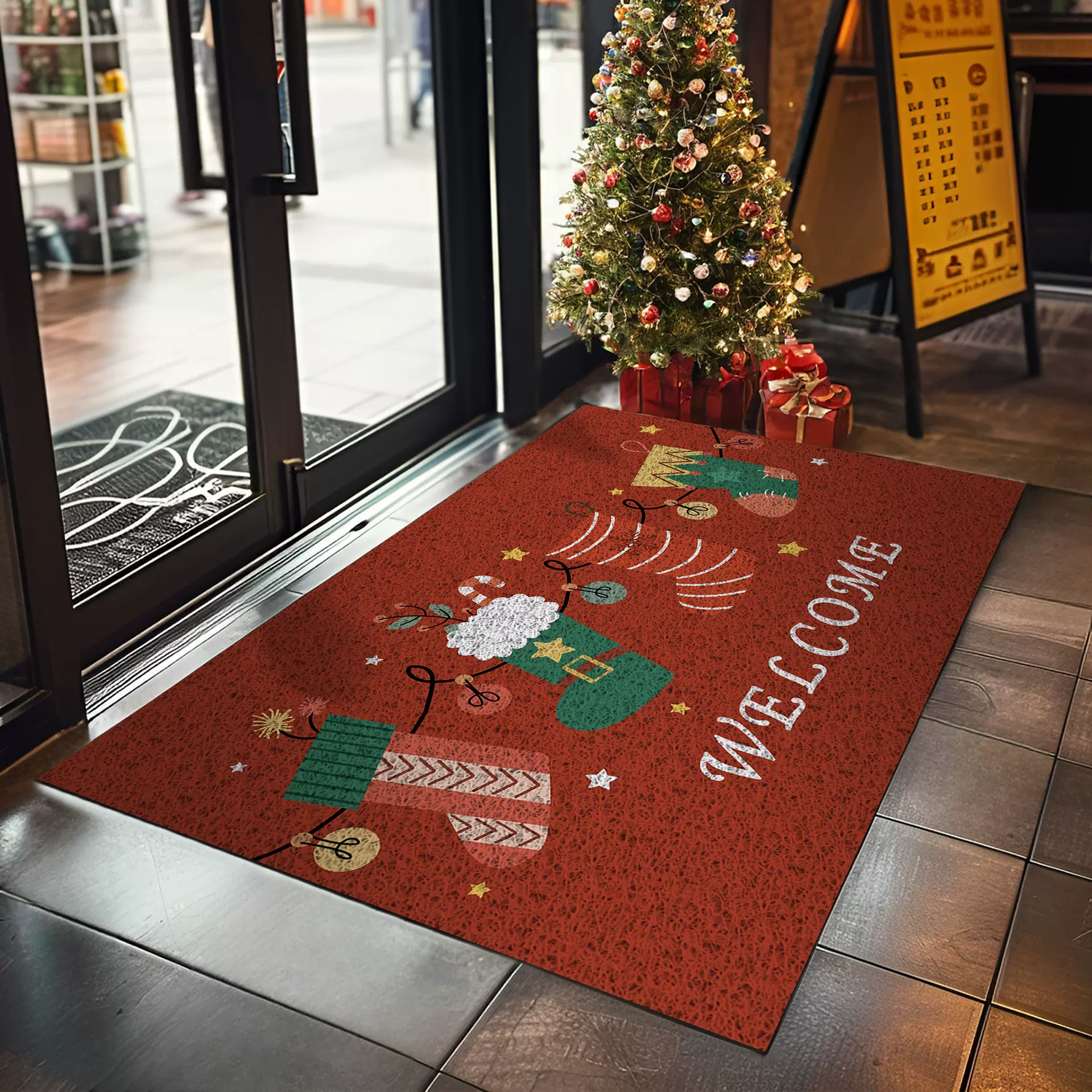 圣诞装饰入户地垫红色喜庆轻奢高级感圣诞节氛围布置丝圈地毯脚垫