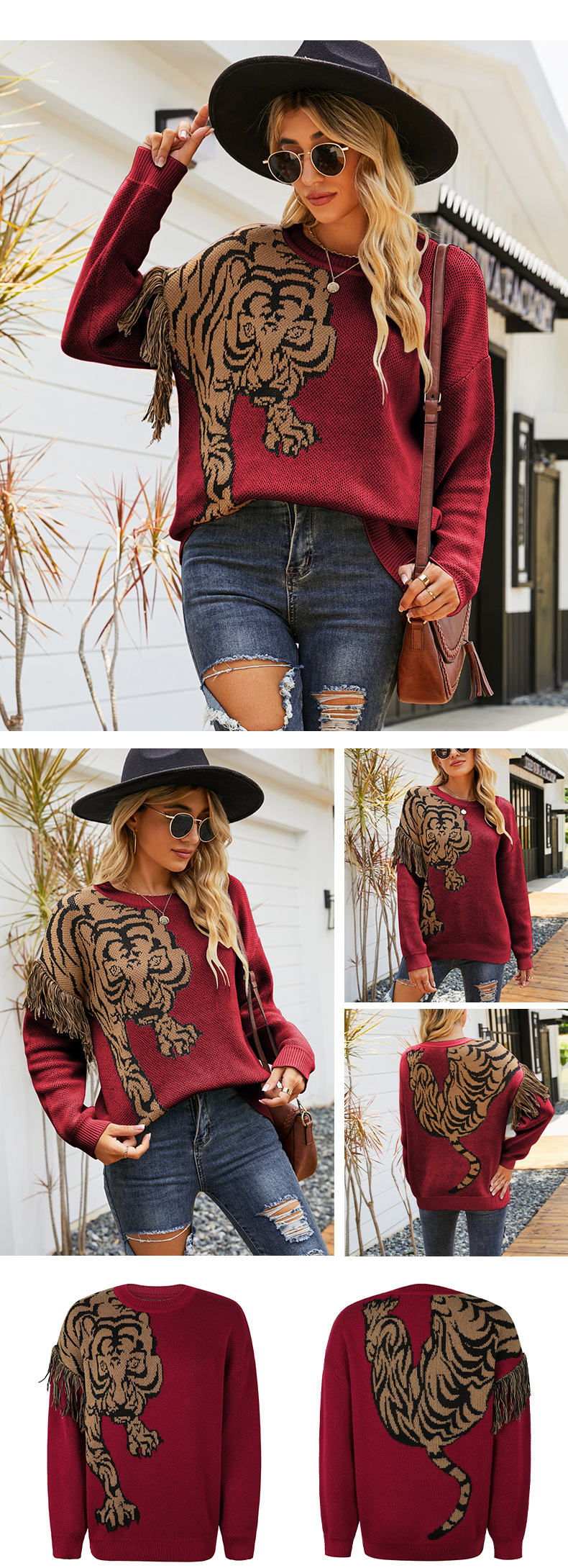 tiger jacquard fringed long sleeve round neck sweater NSMMY138982