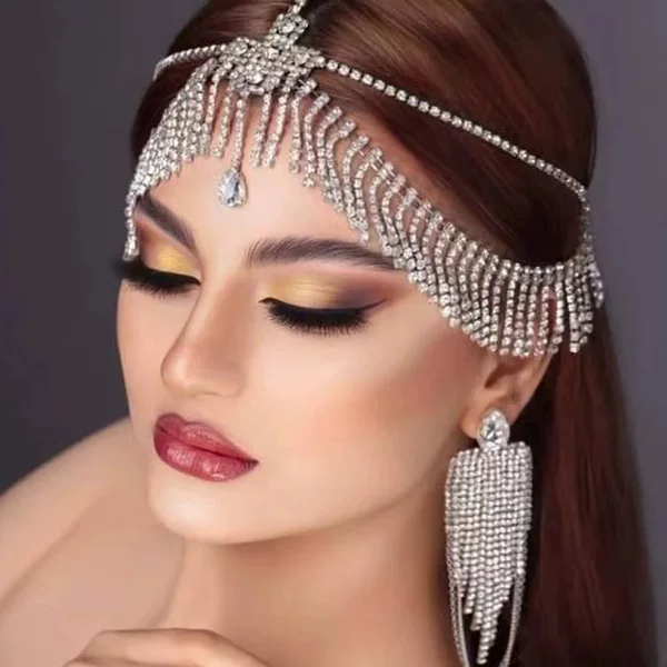 European and American fashion rhinestone tassel hair chain hair accessories ladies wedding ball super flash crystal pendant forehead chain