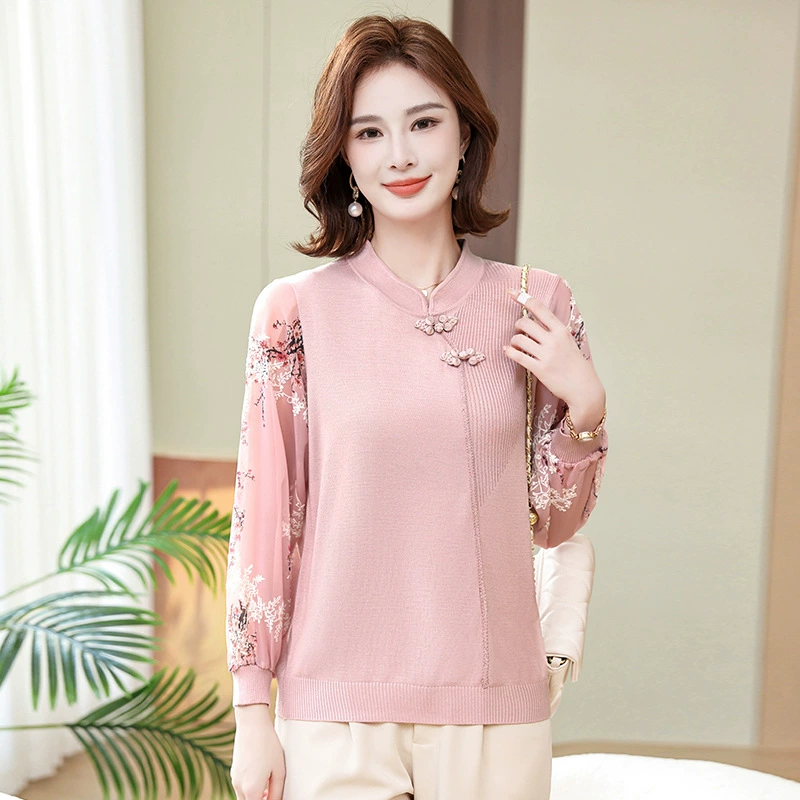 Весенняя одежда в западном стиле для матерей среднего и пожилого возраста Новая Трикотажная футболка с принтом на рукавах из пряжи Топ 2024 Новая свободная одежда