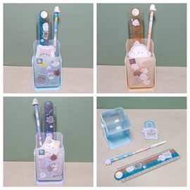 外贸幽幽家族笔筒折尺木铅笔书签便利贴套装猫咪可旋转笔筒文具批