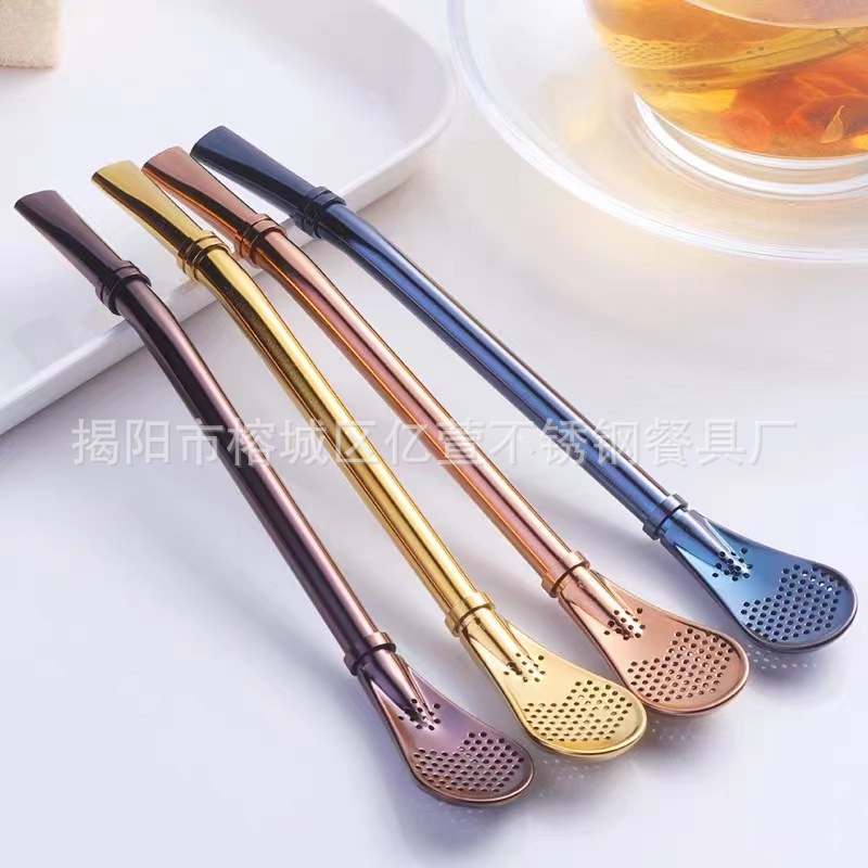 304 malla de acero inoxidable de té mate rojo cuchara de paja integrado creativo agitación de doble uso residuo de jugo perfumado Filtro de té
