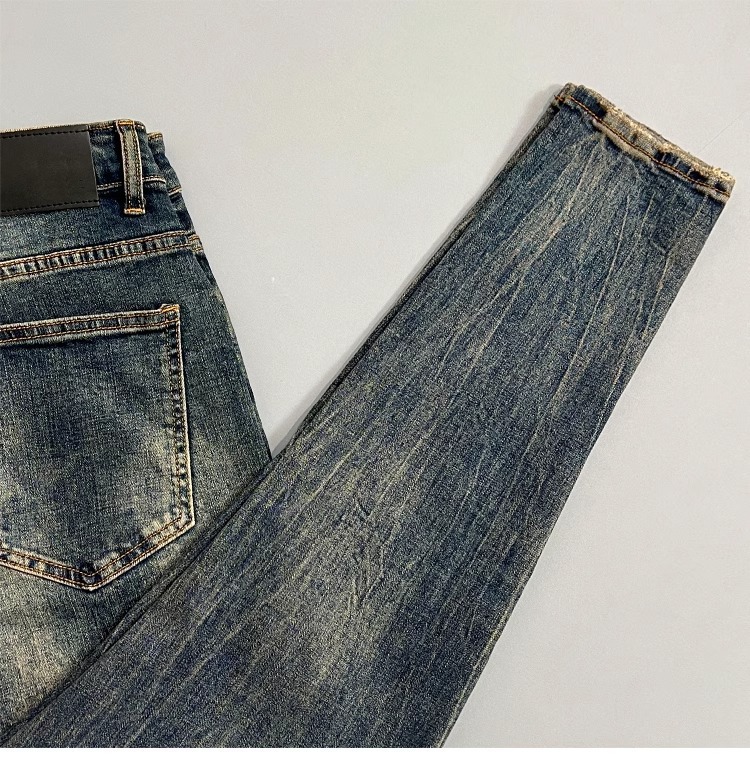 Autumn And Summer New Korean-style Handsome Small-footed Jeans, Slim-fitting, Comfortable, Elastic, Washed And Old-fashioned Nine-point Pants_viptrois.com