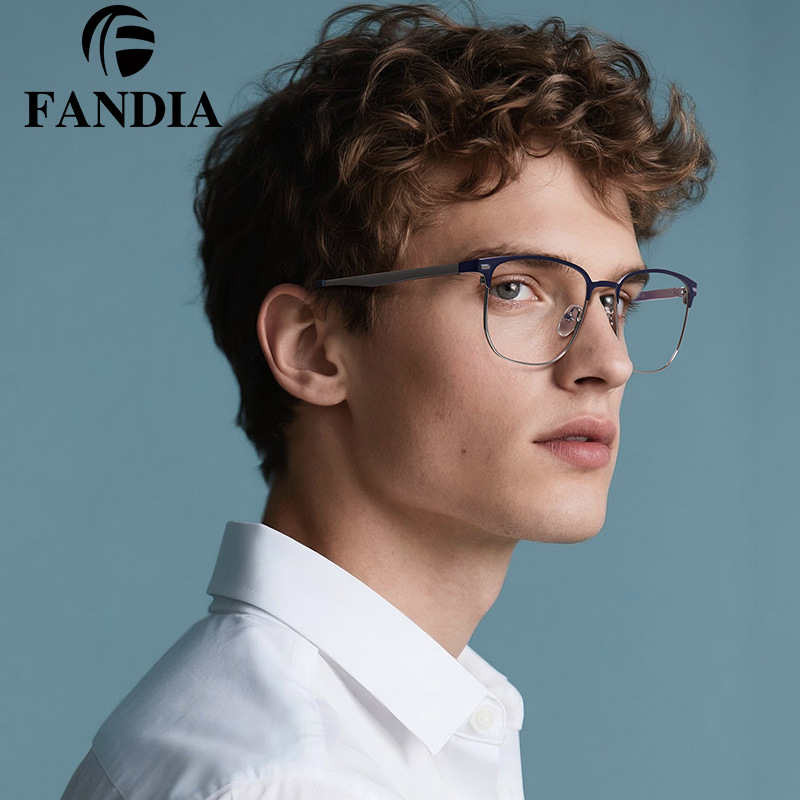 91761 Gafas anti-azul para hombres de metal europeo y americano de moda, la miopía se puede equipar con un marco de gafas de montura completa simple de grado