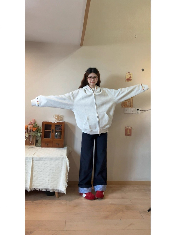 韩系刺绣藏青色双头拉链卫衣外套女2025秋季新款宽松休闲长袖上衣|undefined