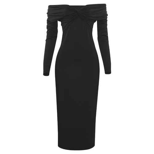 A658DS European and American Autumn Solid-Color V-Neck Sexy Slim-Fit Long-Sleeve High-Waist Bodycon Dress