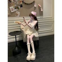 纯欲风减龄套装裙新款温柔风蝴蝶结蕾丝挂脖上衣显瘦蓬蓬半身裙女