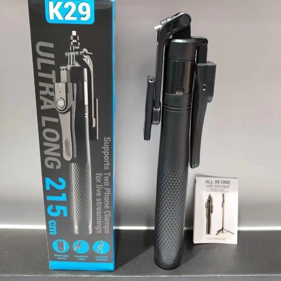 K29 Telefoon Bluetooth Afstandsbediening Statief Selfie Stick Vierassige Handheld Stabilisator Live Streaming Vloerstatief 2,15 m_voghion.com