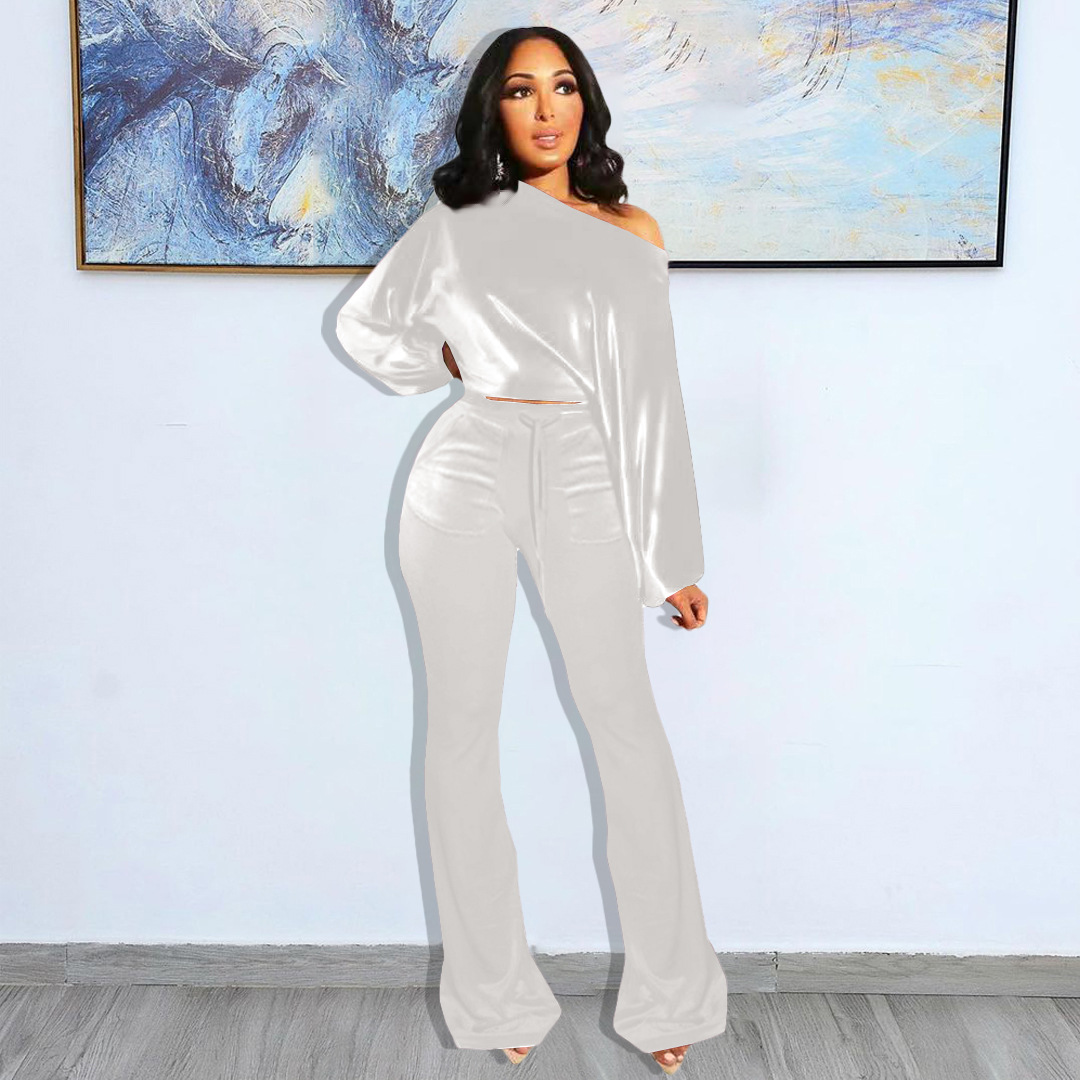 solid color one-shoulder top bell bottoms two-piece set nihaostyles clothing wholesale NSOJS83461