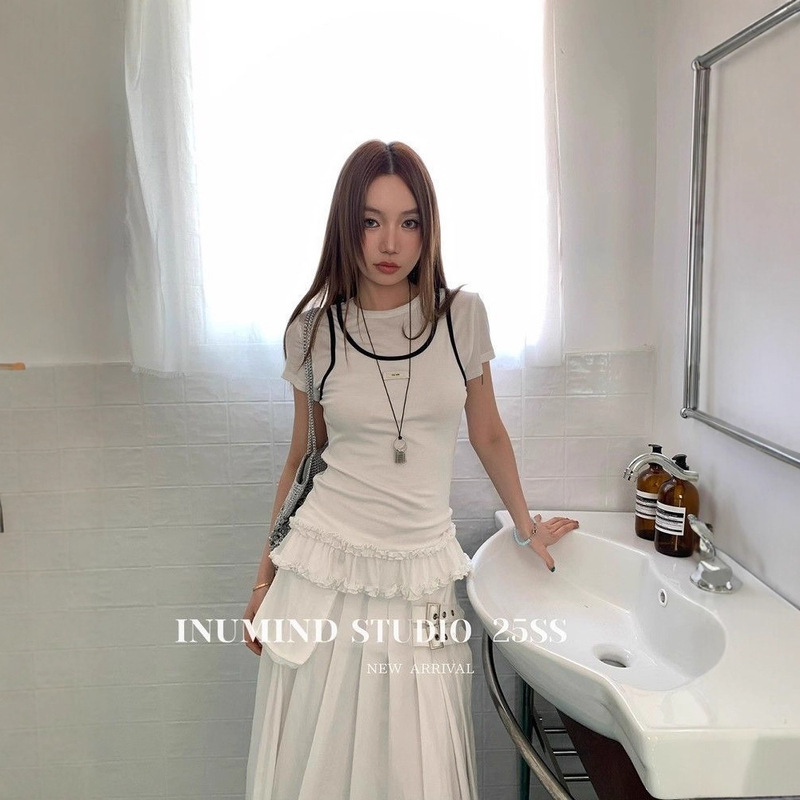 [200g Rayon Modal] Summer Round Neck Fake Two-Piece American Sexy Hem Lace Splicing Short-Sleeved Women