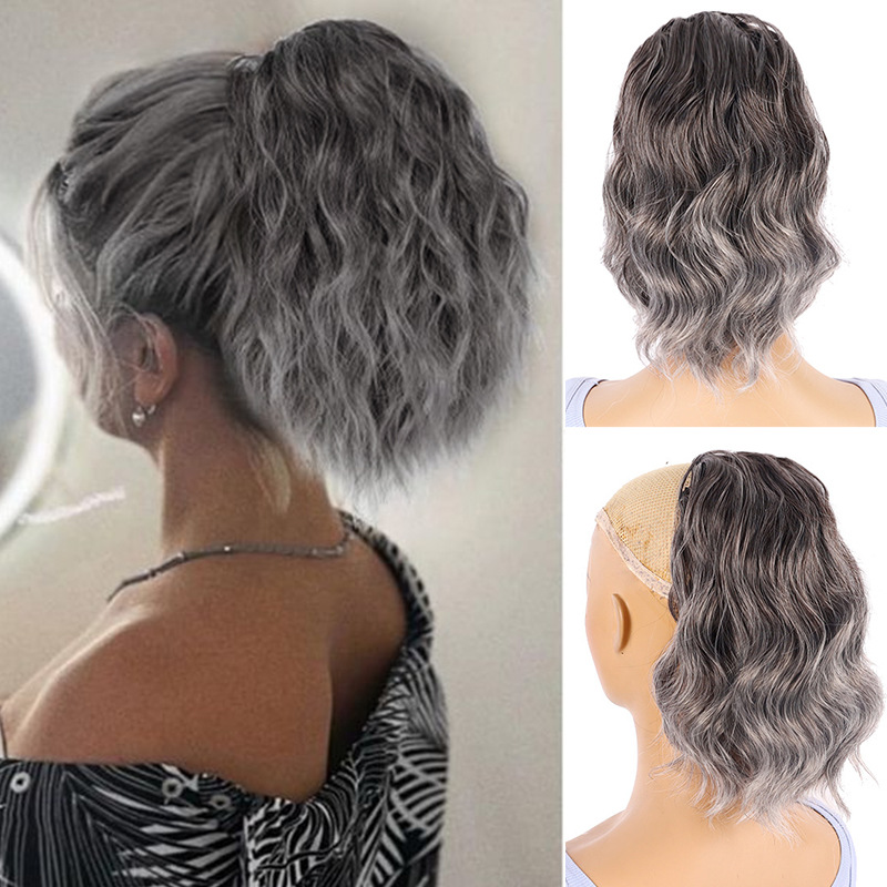 Perruque transfrontalière pour femmes européennes et américaines, gris dégradé effet vague, cheveux courts bouclés, queue de cheval à cordon, queue de cheval_voghion.com