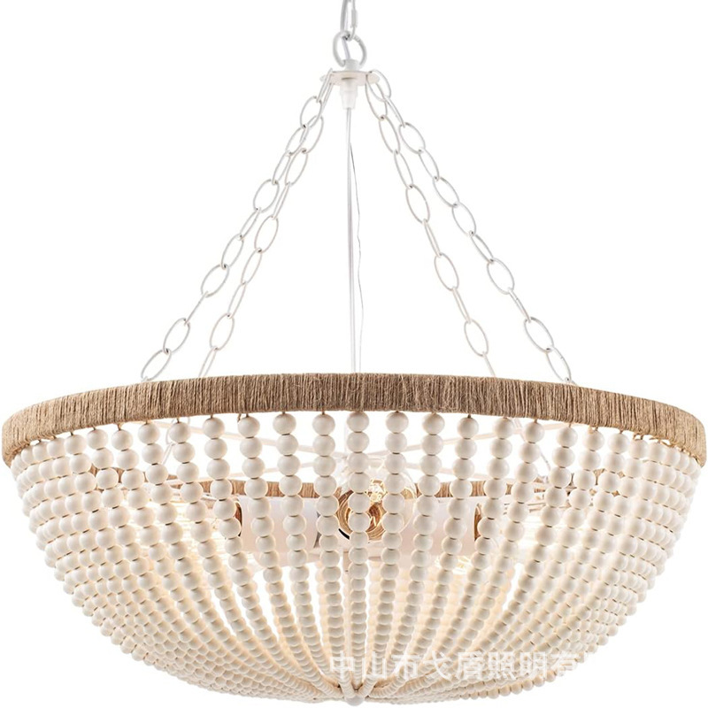 Cross-Border Amazon Bohemian Style Wooden Bead Ceiling Fan Lamp B&B Living Room Wooden Bead Curtain Bedroom Ceiling Lamp