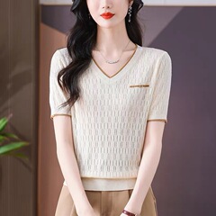 2025 新しい夏の女性の Tシャツ半袖 V ネックセータールーズ中空薄型半袖トップ女性のための