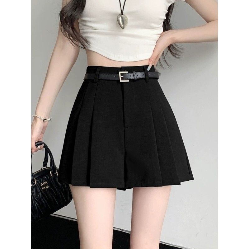 Gray Suit Shorts for Women 2025 New Popular Pleated Skirt Pants One-Piece Fake Two-Piece Wide-Leg Pants Skirt Boot Pants Hot Pants