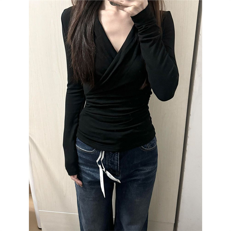 Modal 1*1 Customizable 260g Long-Sleeve T-Shirt for Women, Autumn and Winter Vintage V-Neck Cross French Style Modal 1*1 Customizable 260g Long-Sleeve T-Shirt for Women, Autumn and Winter Vintage V-Neck Cross French Style