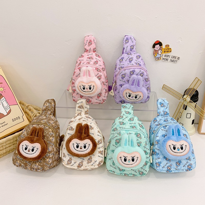 Autumn 2024 New Children's Bag Cartoon Plush Doll Oxford Cloth Chest Bag Shoulder Crossbody Baby Casual Wear Bag