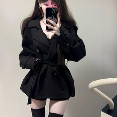 早秋英伦风短款风衣黑色双排扣女小个子秋冬新款感收腰小香风