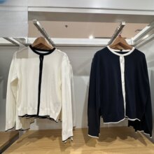 女装棉莫代尔混纺圆领拼色针织开衫/毛衣毛衫外套E484505/482977