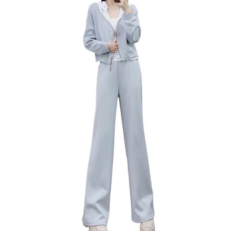 Spring 2026 New Fashion Lace Cap Sweatshirt Top + Casual Straight Pants Two-Piece Set 11/D7