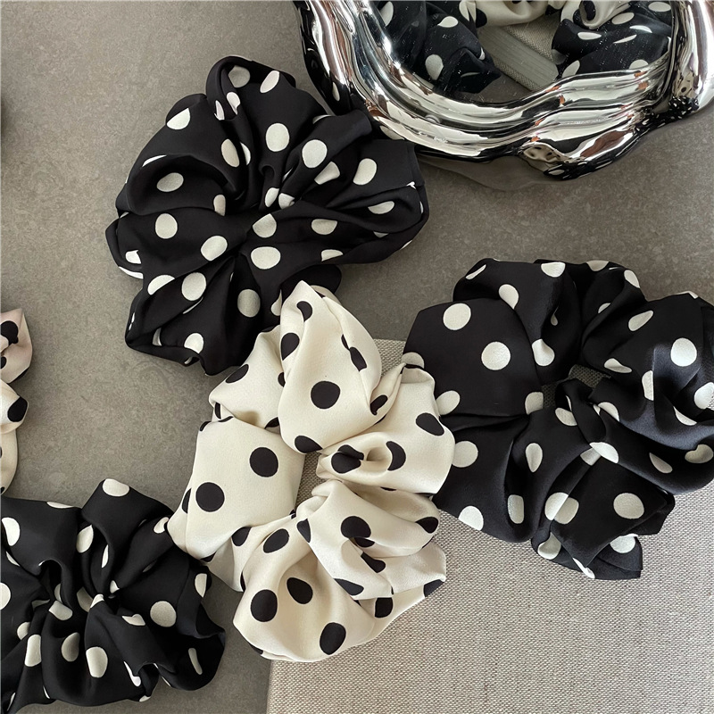 Elegant Black And White Polka Dot Satin Scrunchie For Hair_voghion.com