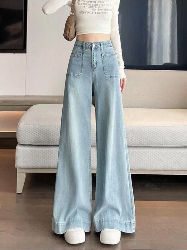 Wide-Leg Jeans for Petite Women, Retro Hong Kong Style, Stretchy, Loose Fit, Slimming, Casual, Versatile, Drapey, Flared, Floor-Length Pants Wide-Leg Jeans for Petite Women, Retro Hong Kong Style, Stretchy, Loose Fit, Slimming, Casual, Versatile, Drapey, Flared, Floor-Length Pants