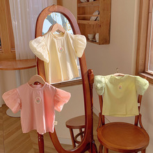 韩版童装泡泡灯笼袖圆领女童t恤2024夏新款洋气花朵短袖儿童上衣