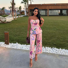 欧美风女装新款时尚气质小众双层印花腰带抹胸印花高腰休闲裤套装