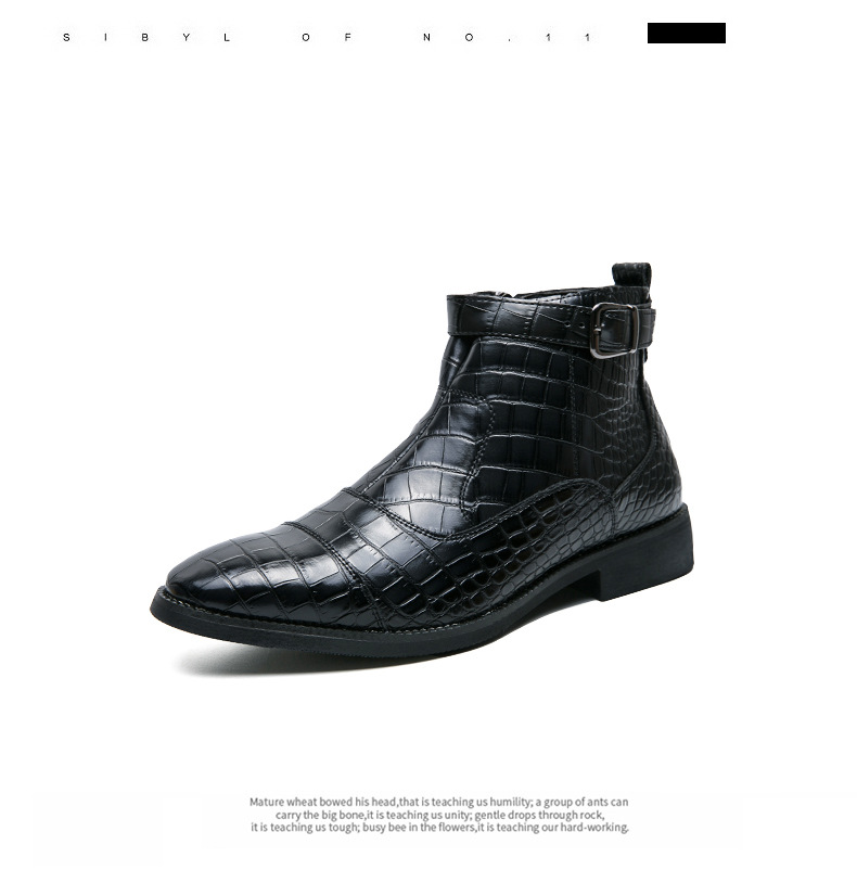 Men's Shoes Autumn And Winter Large Size Crocodile Pattern Short Boots Men's Business Solid Color Leather Boots Black High Top Leather_voghion.com