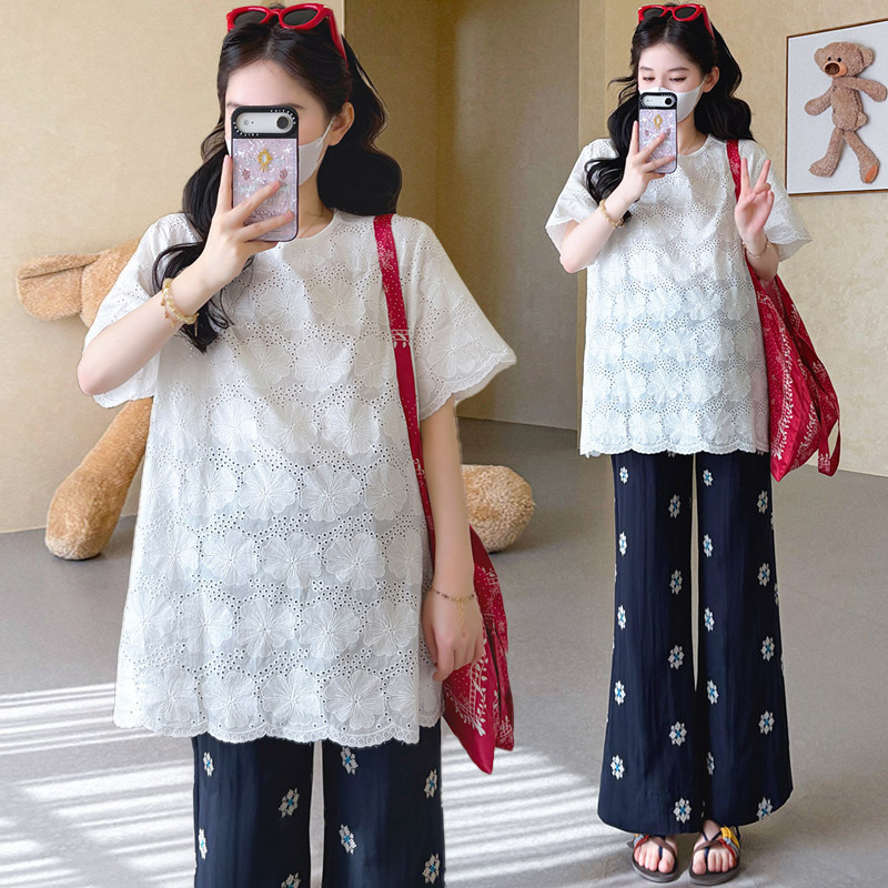 New Maternity Set: Hollow-Out Jacquard Embroidery Cotton-Linen Round-Neck Loose T-Shirt + Cotton Embroidery Cropped Pants New Maternity Set: Hollow-Out Jacquard Embroidery Cotton-Linen Round-Neck Loose T-Shirt + Cotton Embroidery Cropped Pants