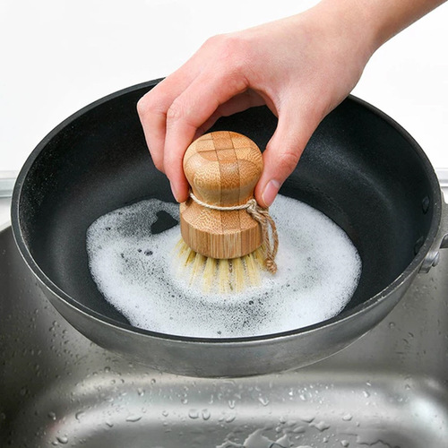 Kitchen cleaning brush sisal palm nan bamboo short handle round dish brush dishwashing brush household pot brush coconut palm short handle brush