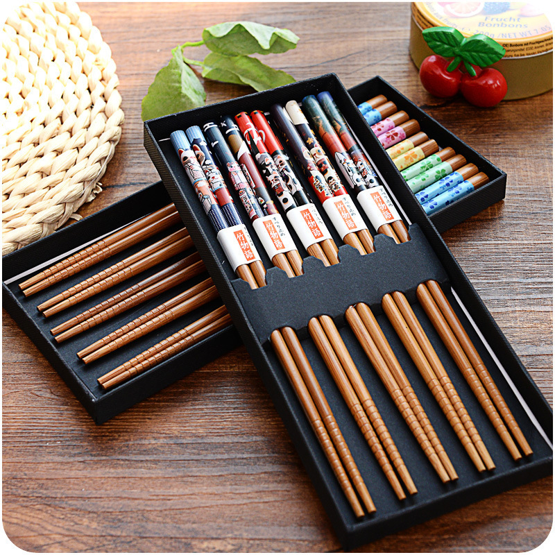 Japanese Style Bamboo Chopsticks Gift Box Cartoon Bamboo Chopsticks 5 Pairs Portable Tableware Set Home Cherry Blossom Chopsticks