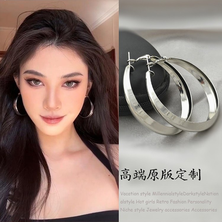 欧美夸张大素圈宽面耳环小众设计感气质金属耳钉韩系简约时尚耳饰|undefined