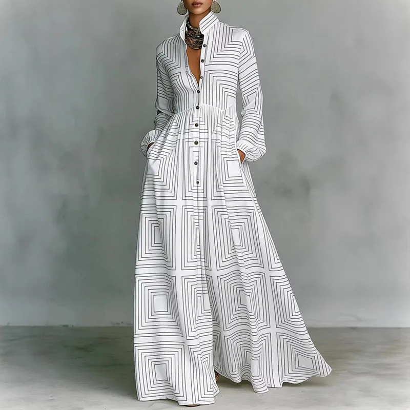 2026 Summer New Style Cross-Border European and American Foreign Trade Women's Clothing Trendy Fashion Printed Stand-Collar Pleated Slim-Fit Dress